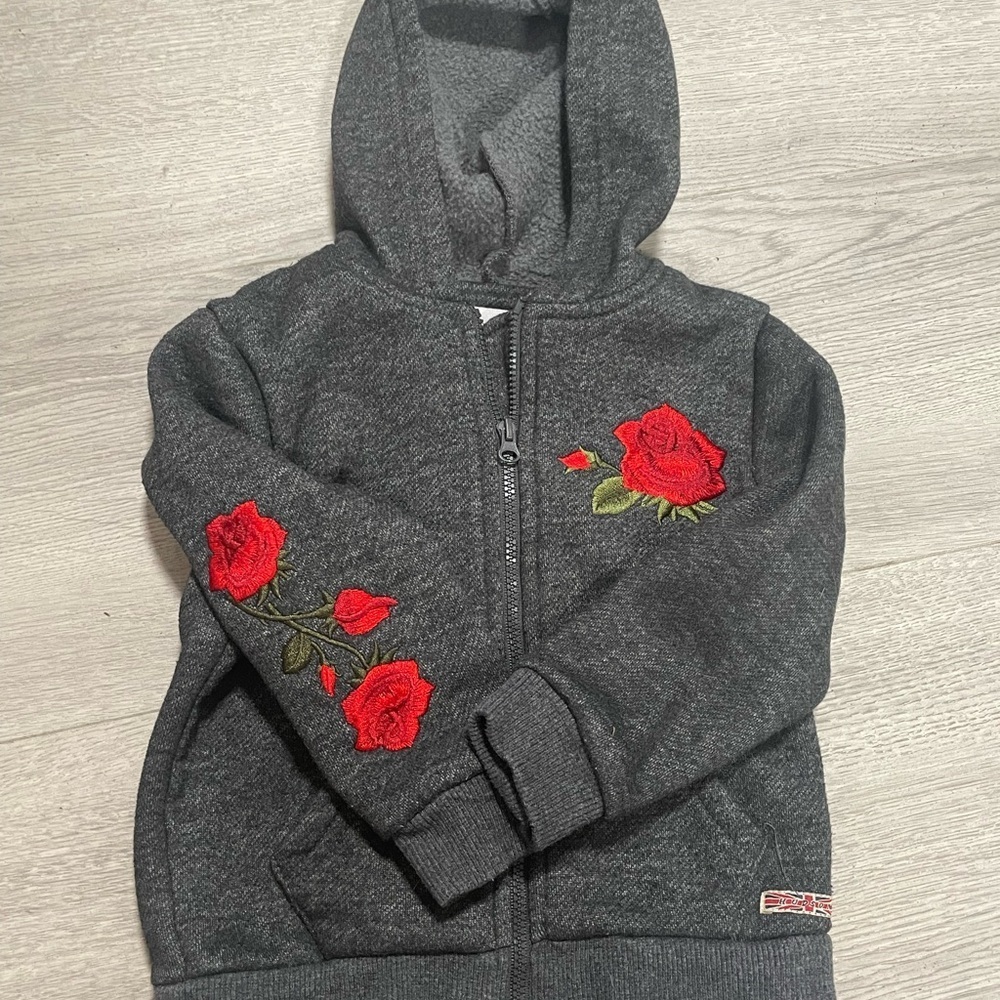 Hudson Jeans Kids Gray Hoodie with Red Rose Embroidery